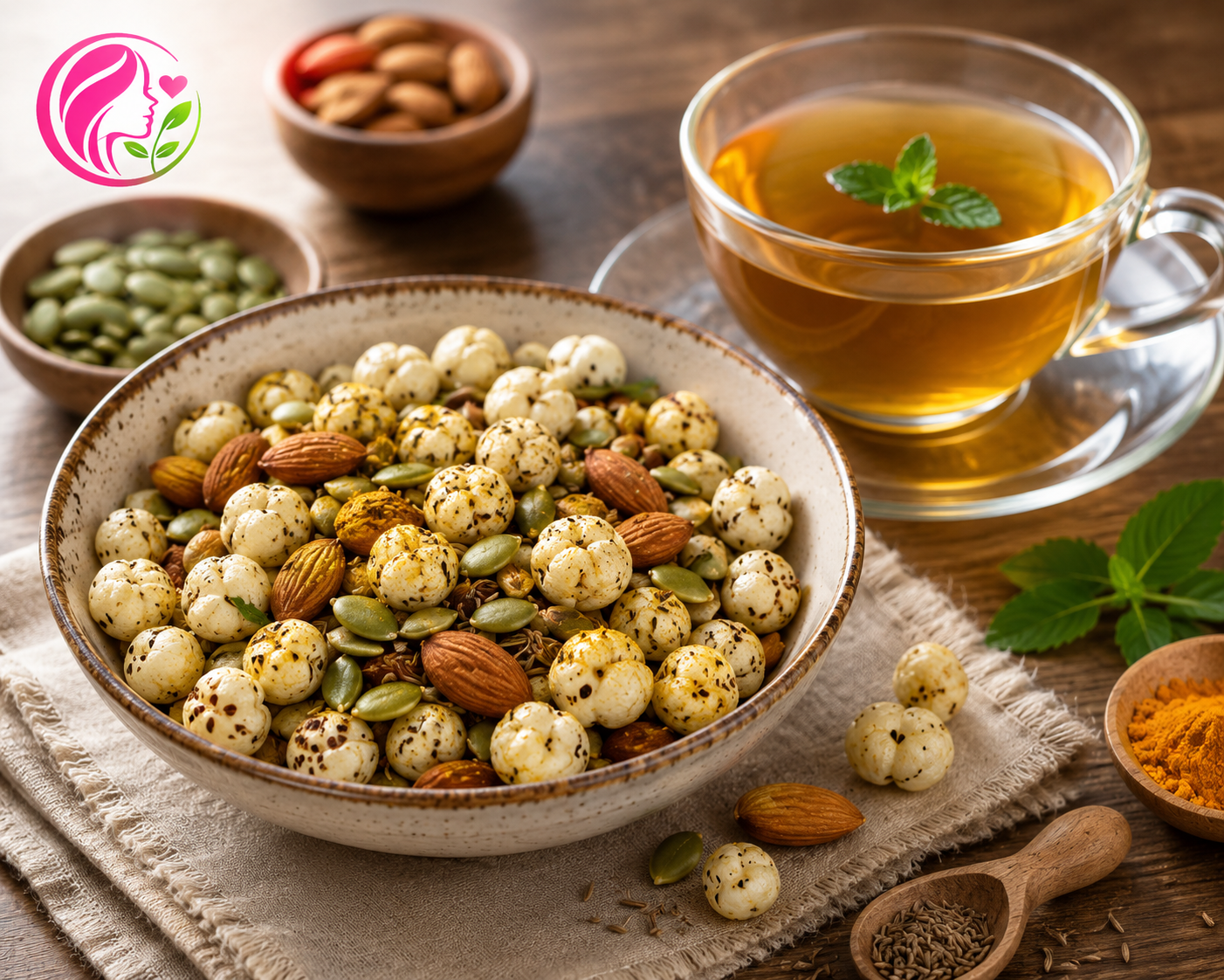 Roasted Makhana & Spiced Nuts with Herbal Tea