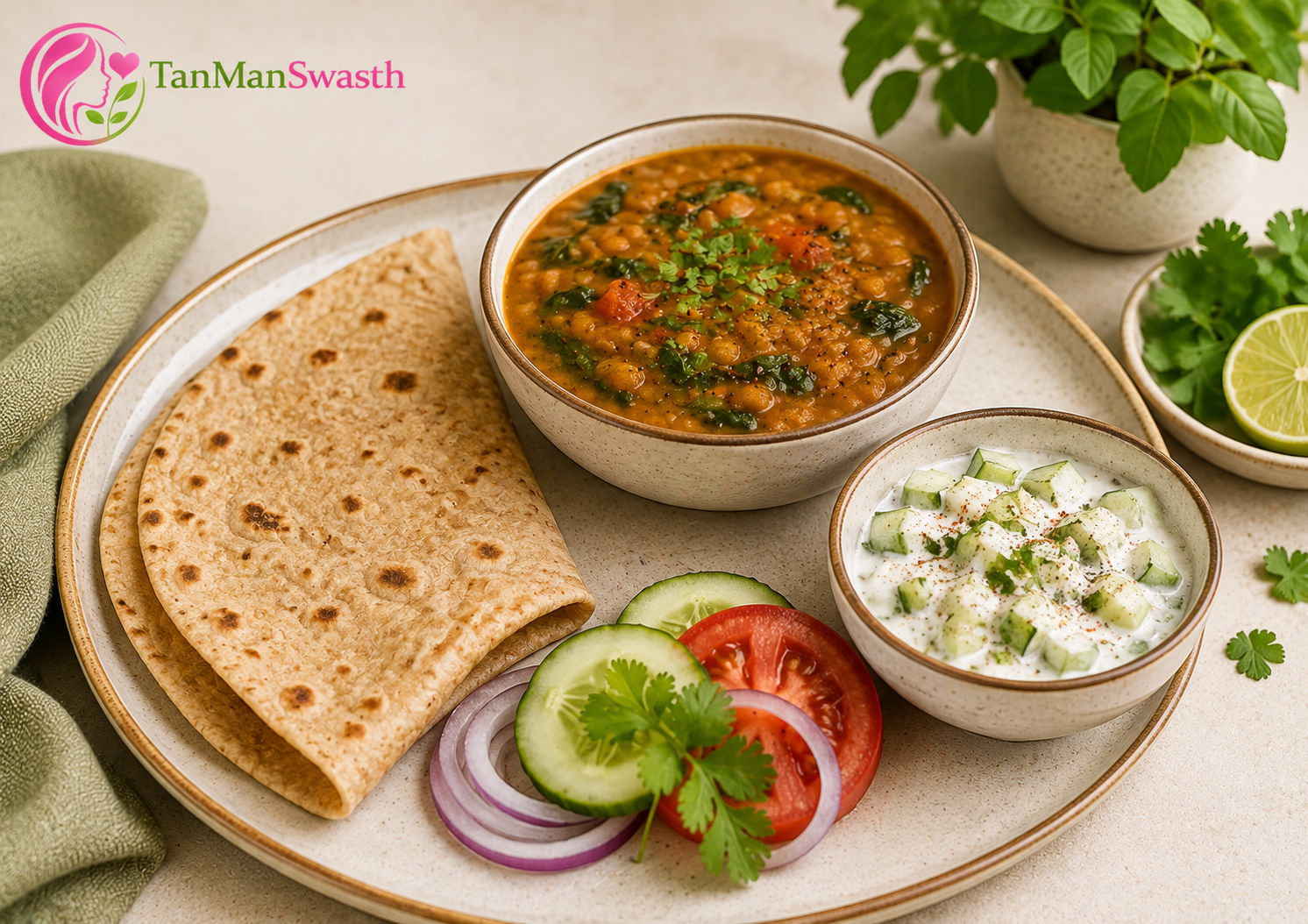 Jowar Roti with Masoor Dal & Cucumber Raita
