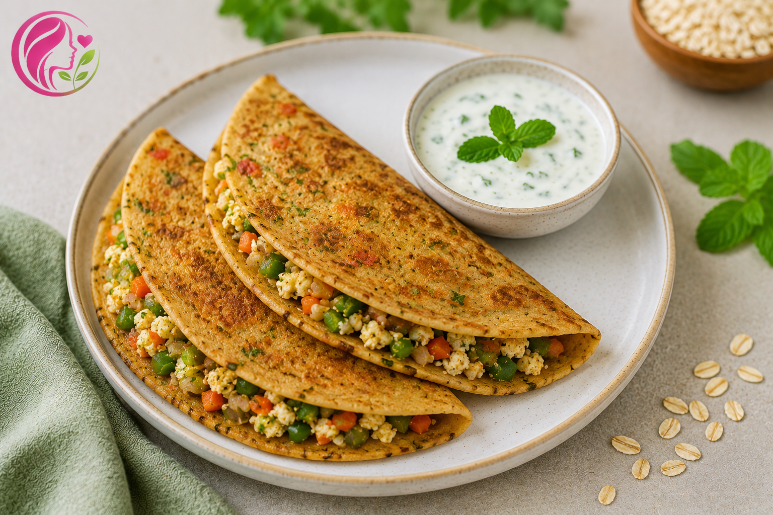 Stuffed Vegetable Oats Chilla with Mint Curd